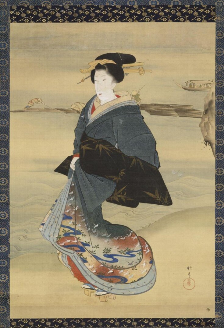 Geisha walking beside the water’s edge top image