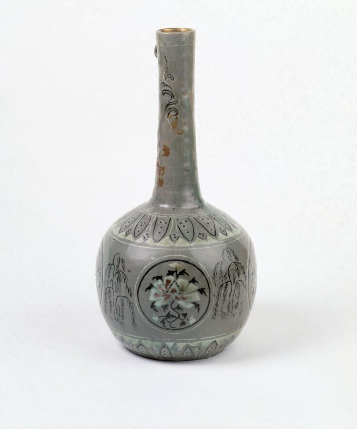 Long-necked celadon bottle with inlays and underglaze copper red top image
