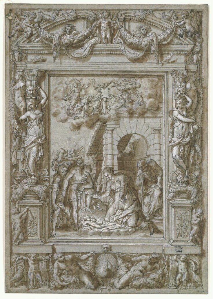 The Adoration of the Shepherds, in an architectural frame ornamented with caryatids, putti, festoons, birds, trophies etc top image