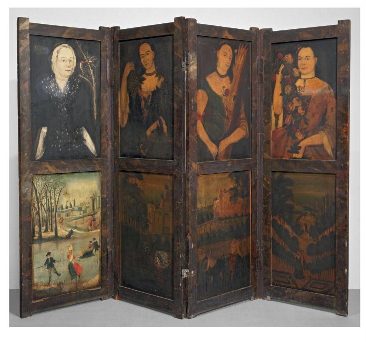 Four Female Figures Depicting the Four Seasons (upper half), with Four Seasonal Landscapes (lower half) (folding screen) top image