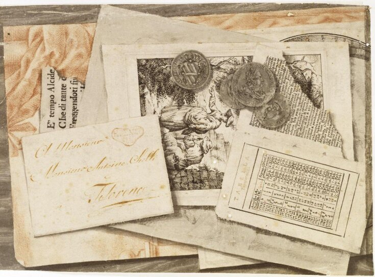 Tromp l'oeil composition showing overlapping  drawings and engravings, a page from a calendar, some  coins and a franked envelope addressed to Monsieur Antoine Sielli, Florence top image