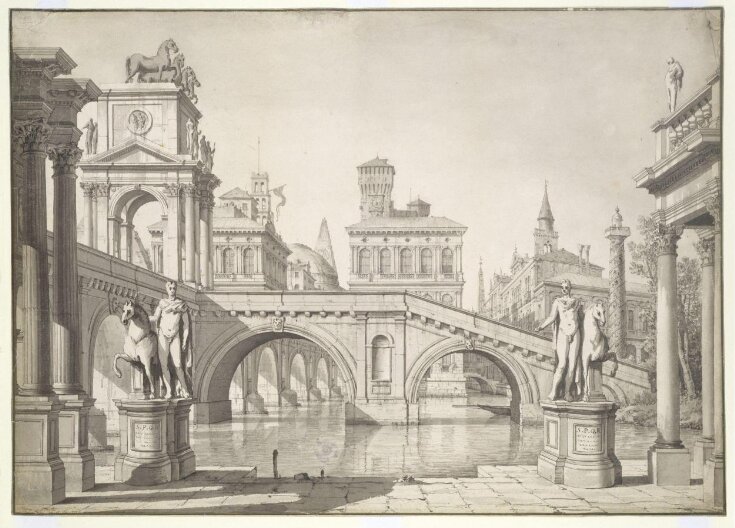 Imaginary view: a canal side flanked by two statues looking towards a bridge and palaces top image
