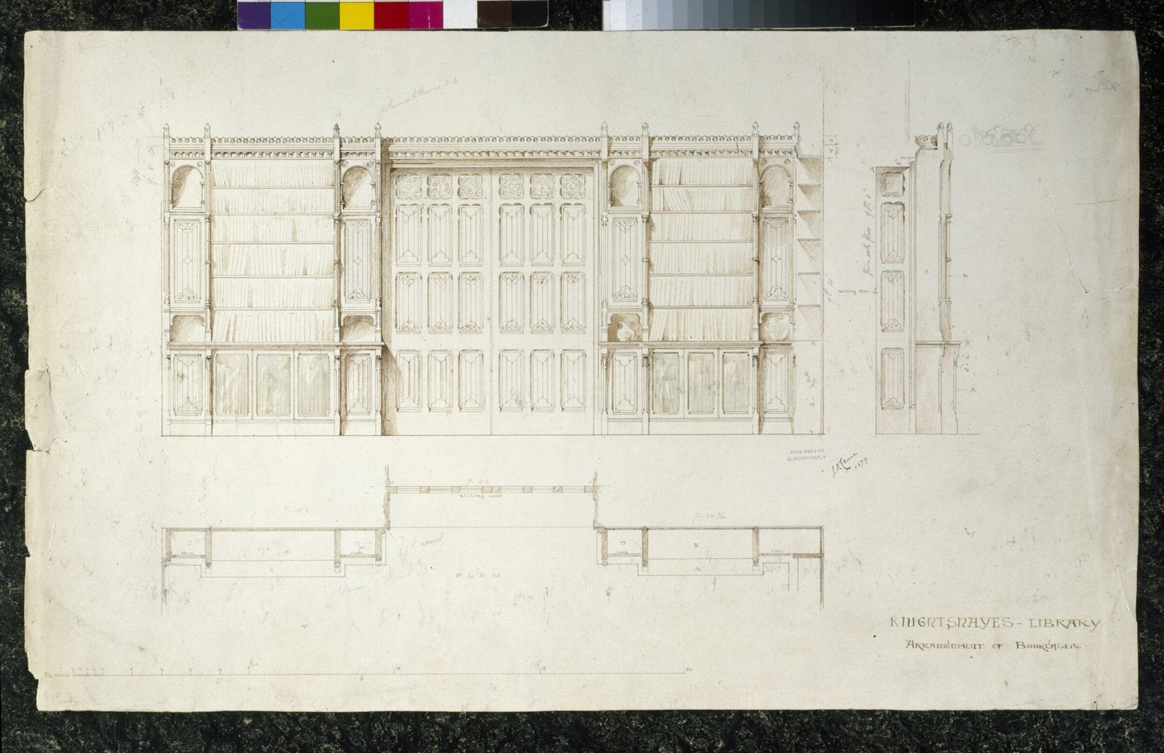 Design for bookcases at Knightshayes Court, John Dibblee Crace, 1879