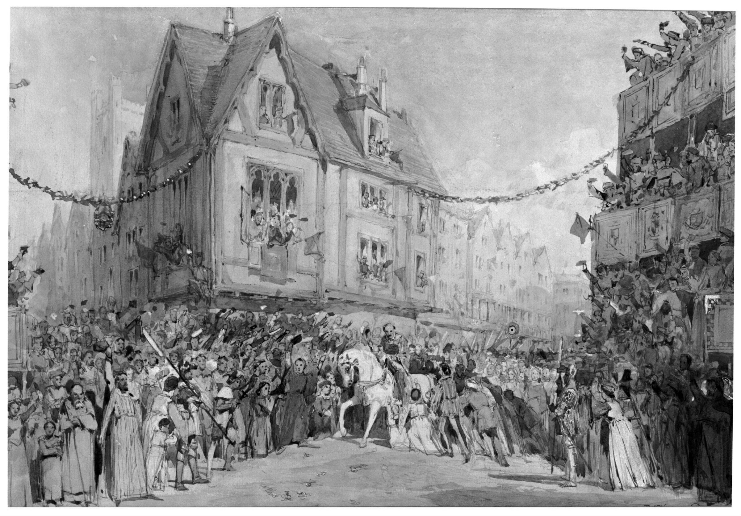 drawing of scenery and props in Richard II, William Telbin, 1851-1859