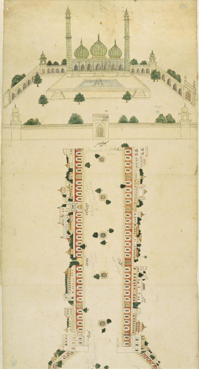 Unknown, Street plan of the Chandni Chauk area showing the Fatehpuri  Mosque at the west end, as well as the water channel from the  Jumna built by Ali Mardan Khan.