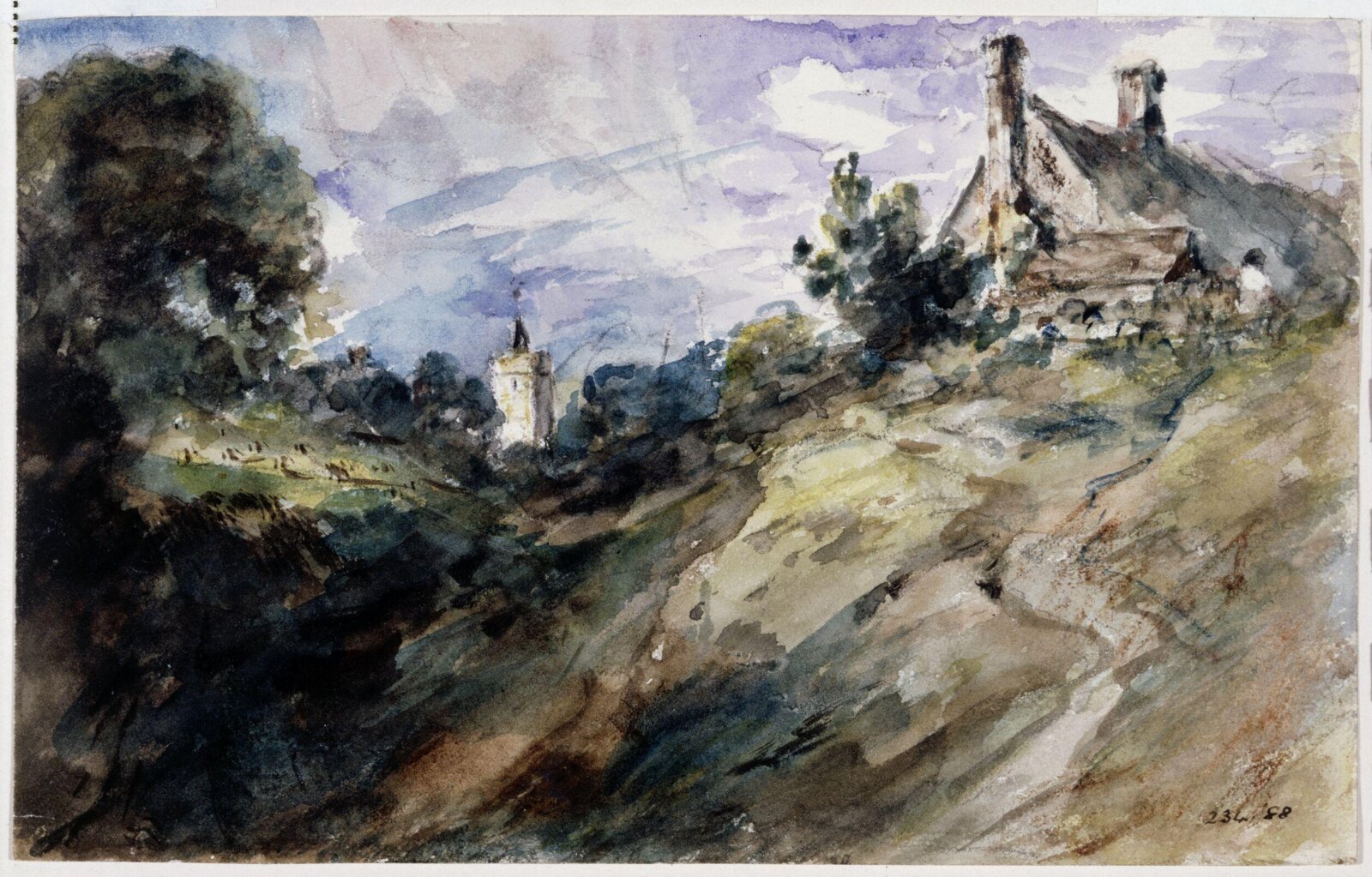 Cottages on a high bank, John Constable, 1834 or 1835