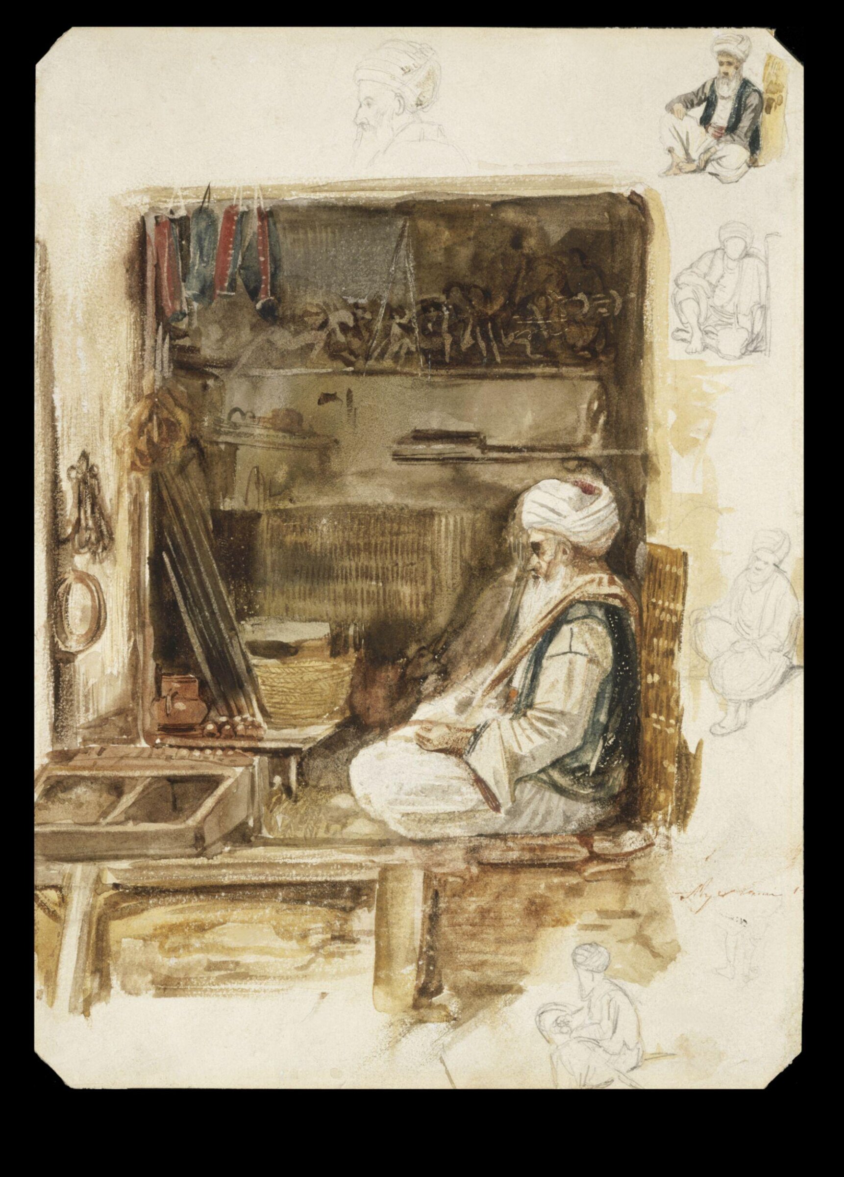 An old merchant in the Souk in Algiers; with figure studies, William Wyld, 1833
