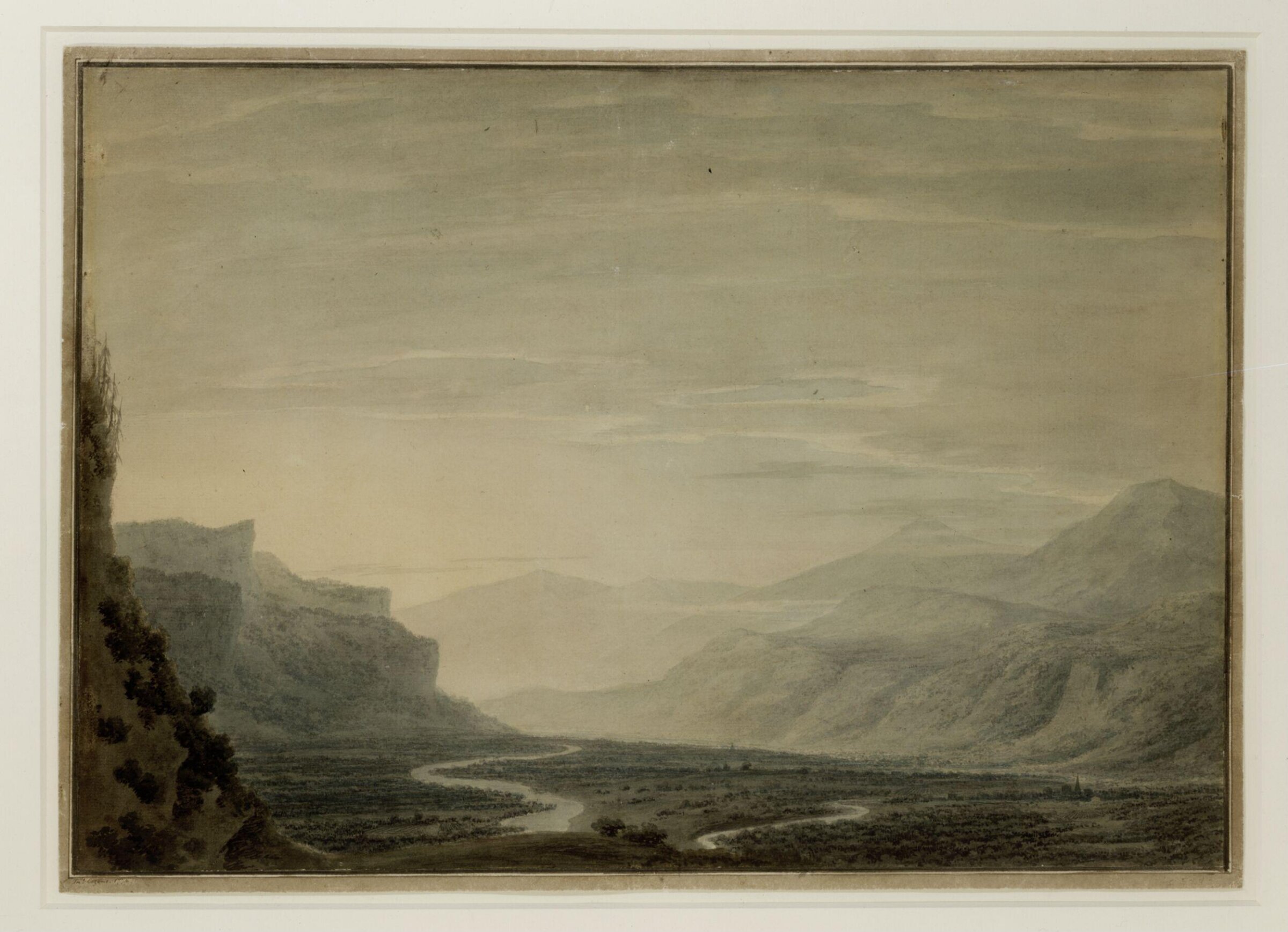 Valley with winding streams, a range of mountains in the background, and a village on the left, John Robert Cozens, 1774