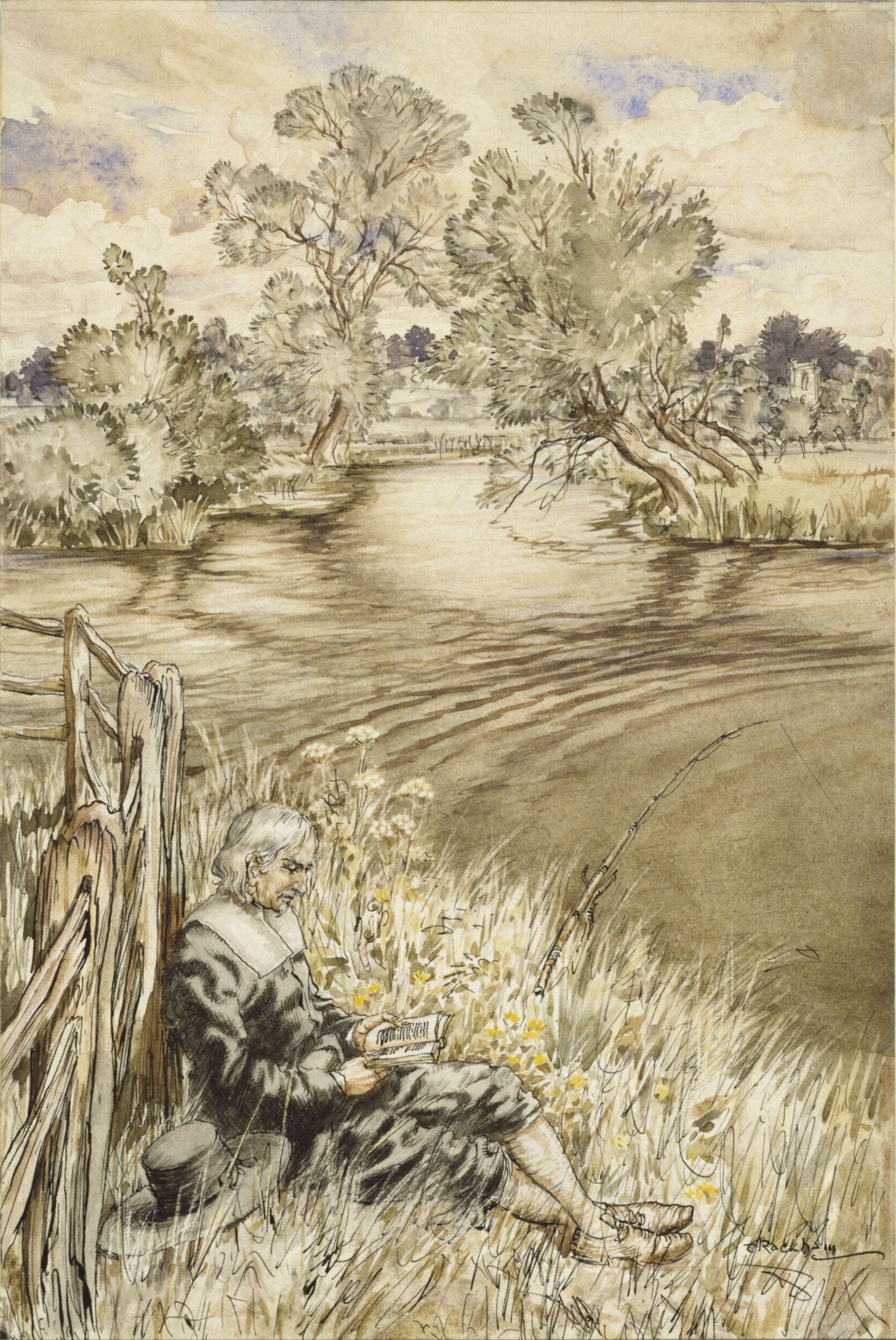Isaak Walton reclining against a Fence, Arthur Rackham, 1930