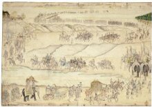 The royal procession of Shah Alam II proceeding to Delhi along the banks of the channels of the river Jumna and crossing a bridge of boats. thumbnail 1