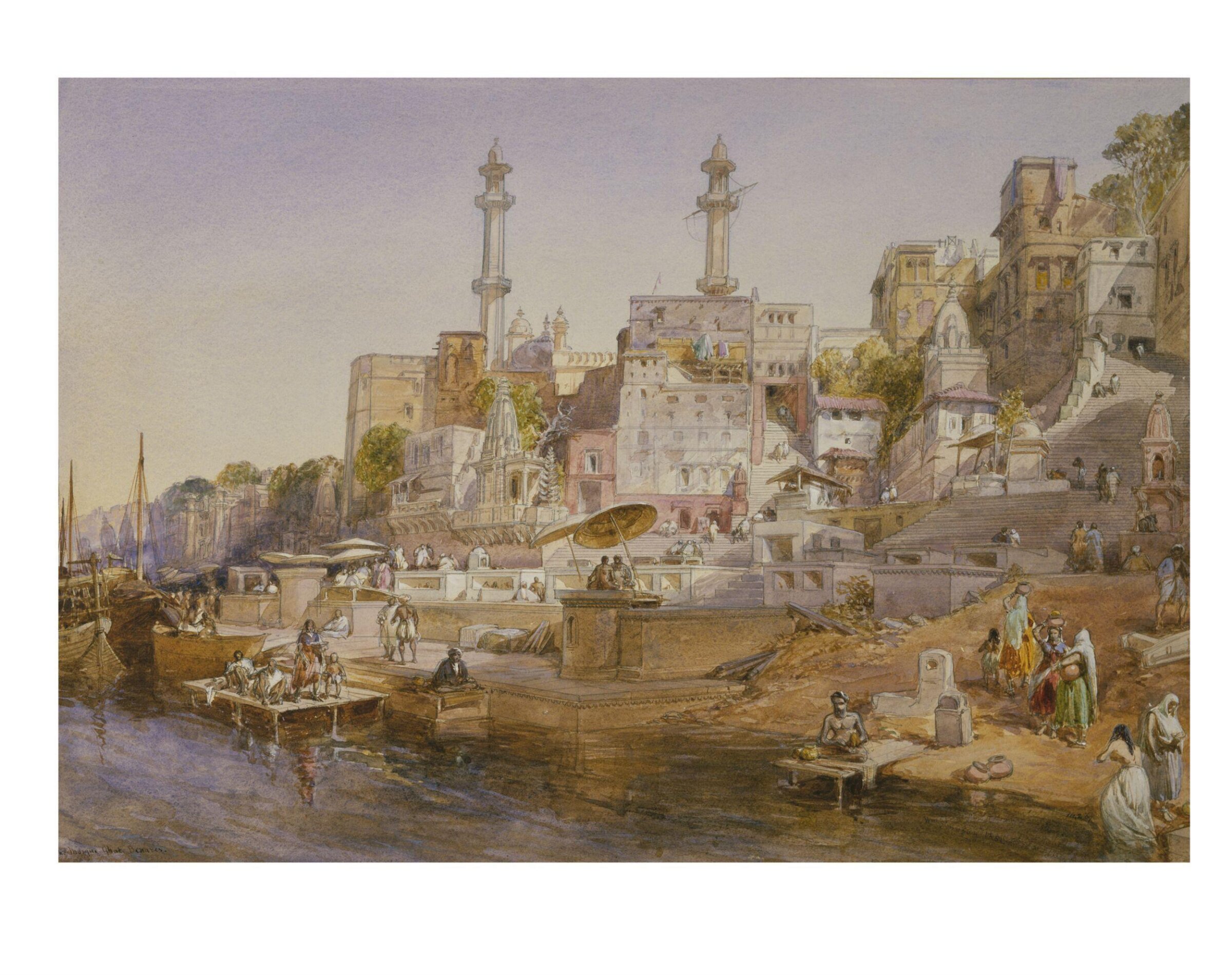 The Mosque of Aurangzeb and Panchganga Ghat from the Ganges, Benares., William Simpson, December 1860