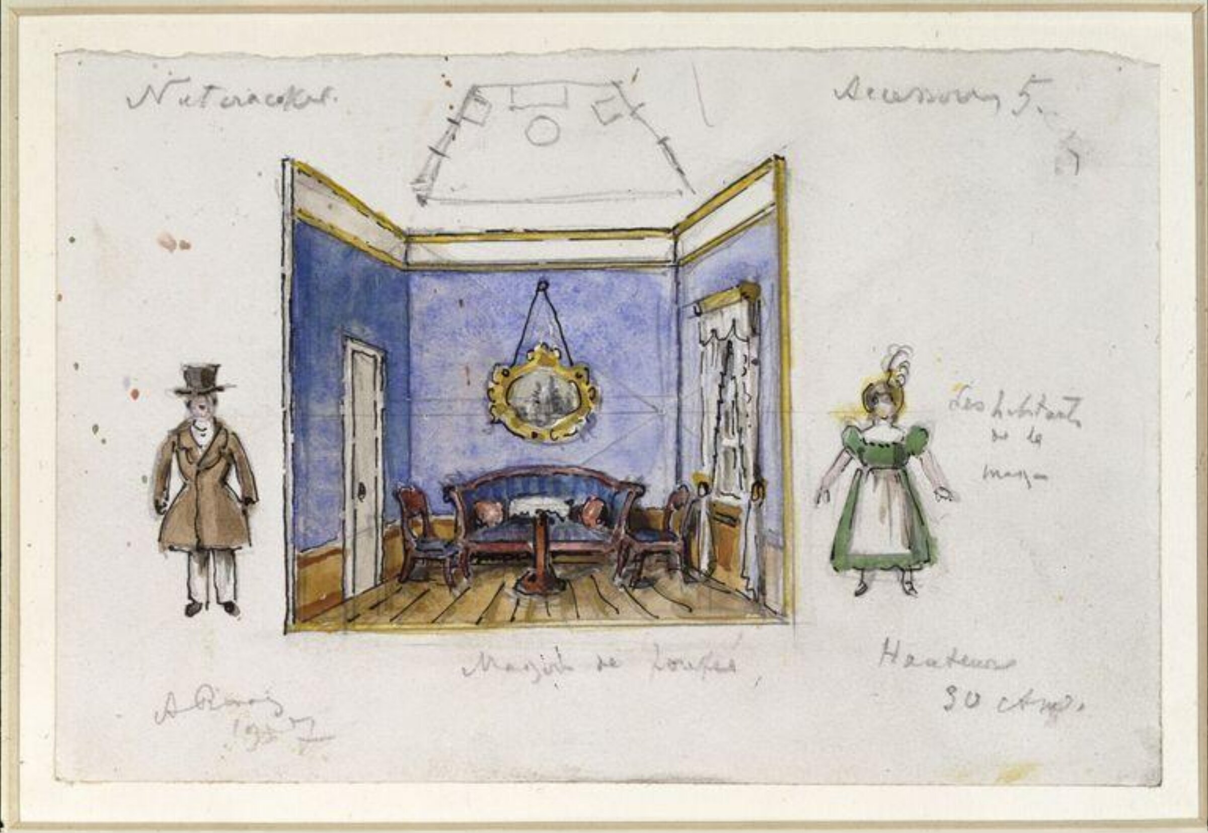 Design for a doll's house with two dolls for <i>Nutcracker</i>, Benois, 1957