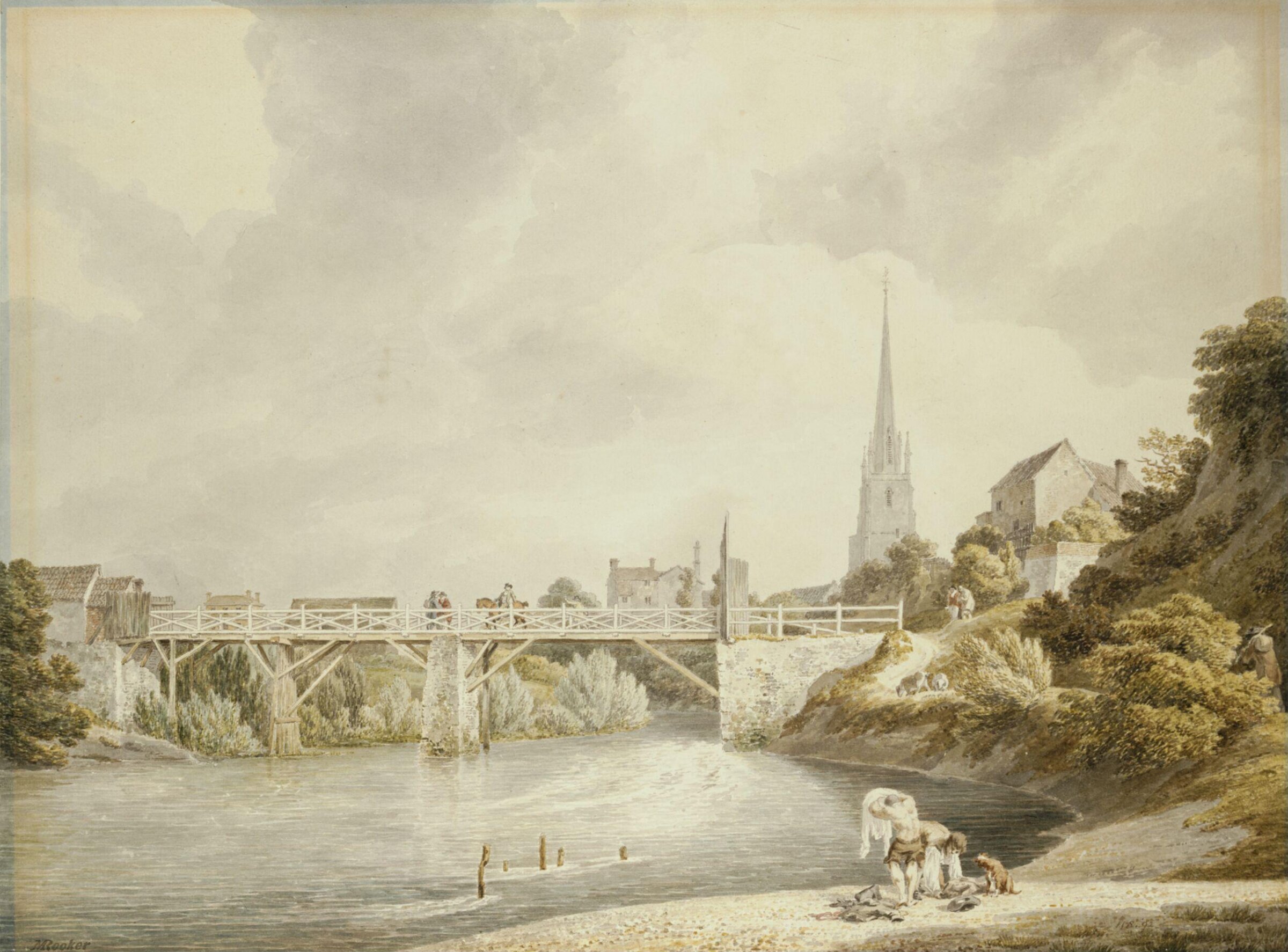 Bridge at Monmouth, with St. Mary's Church in the background, Michael 'Angelo' Rooker, 1760 - 1801