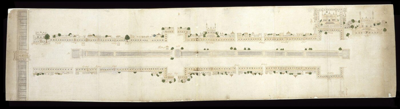 Unknown, Street plan of Delhi showing part of Faiz Bazaar from the Delhi  Gates of the City wall to the chauk of Sa'datullah Khan and the  (now destroyed) Masjid Akbarabadi.
