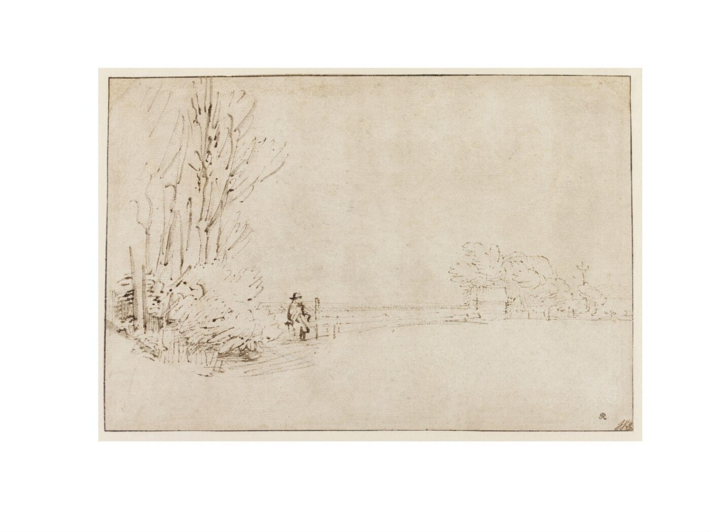 Rembrandt van Rijn, View Looking South Along the Amsteldijk, with a Man Sitting on a Sluice Gate Near a Farmstead