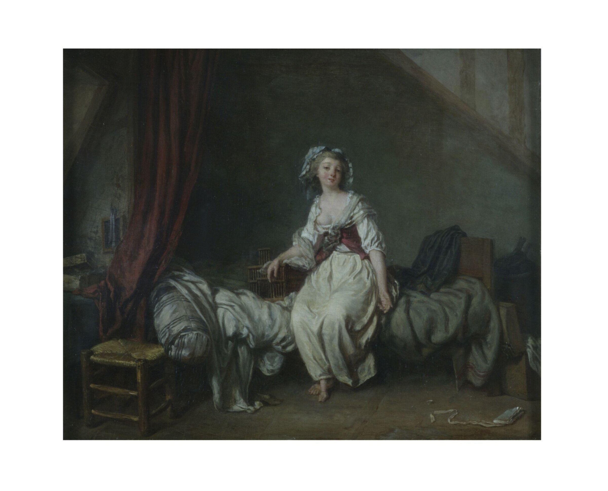 Girl with a birdcage seated on a bed, Jean-Frédéric Schall, late 18th century