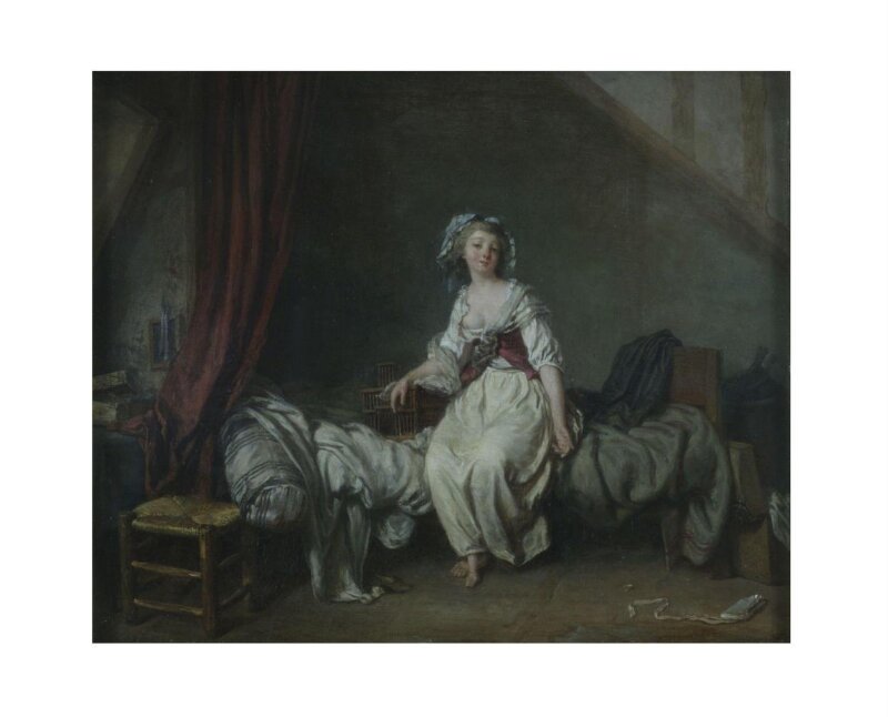 Girl with a birdcage seated on a bed