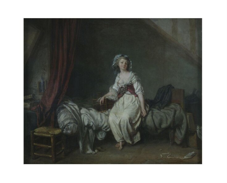 Girl with a birdcage seated on a bed top image