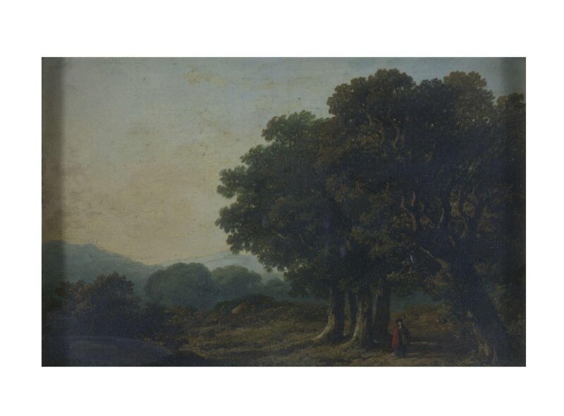 Landscape with trees in foreground and distant hills