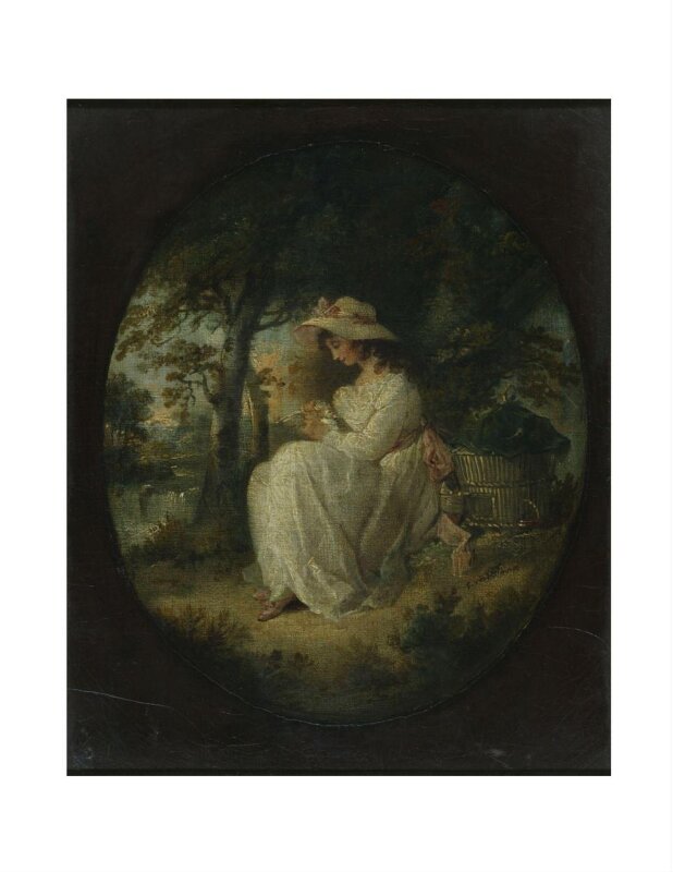 A Girl seated and fondling a dove
