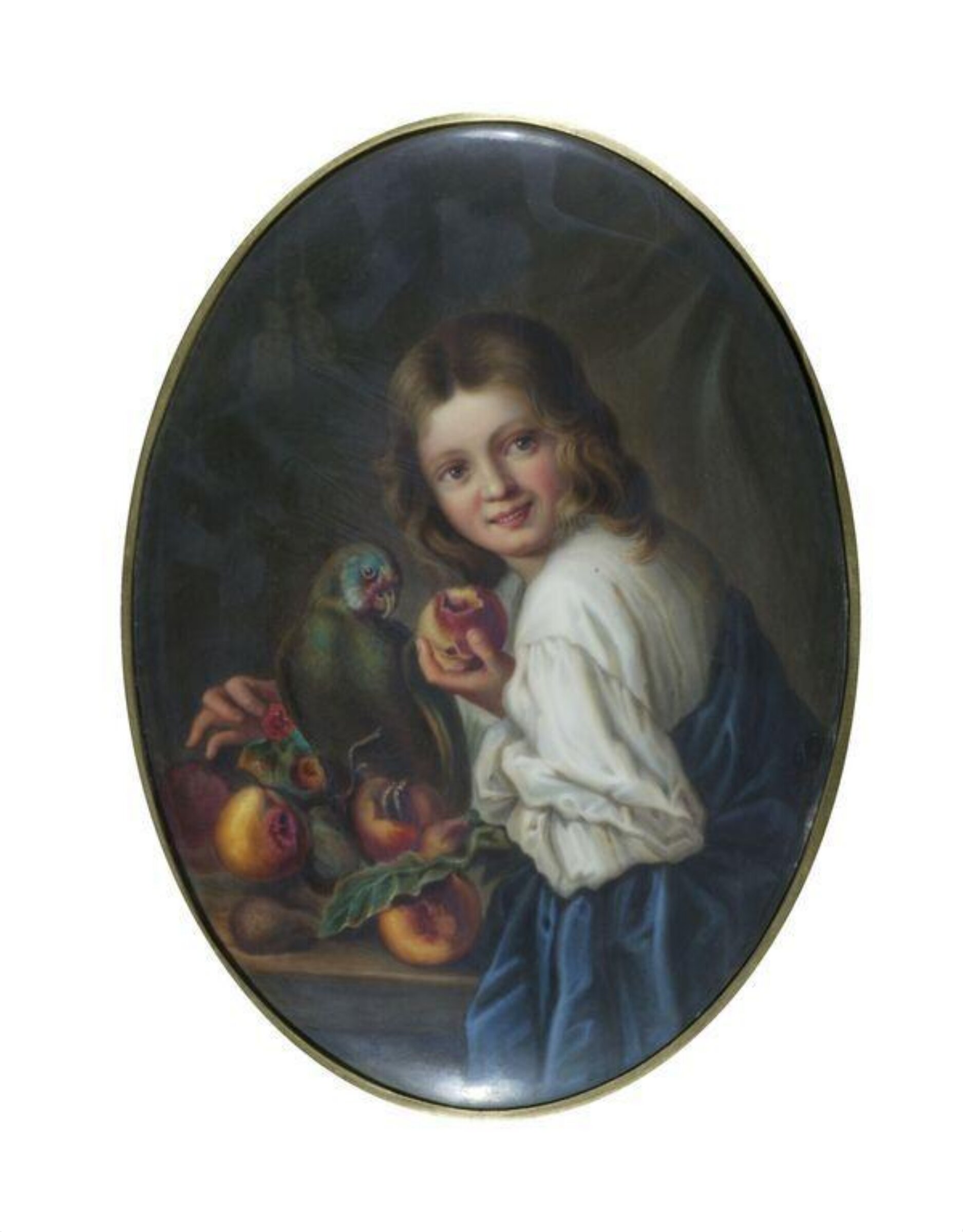 Portrait miniature of a girl with a parrot and fruits, 19th century