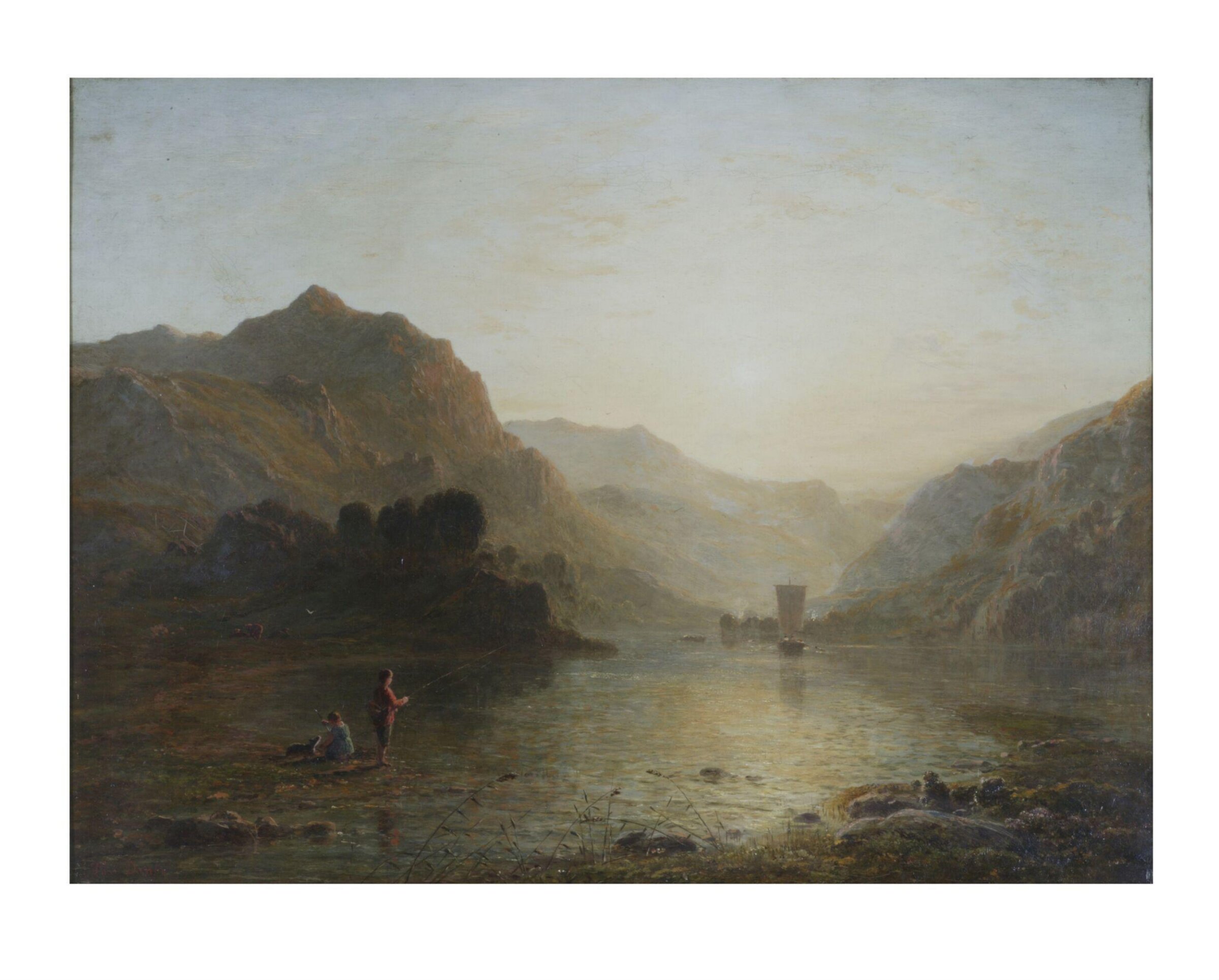 Lake and Mountain Scene with Boy Fishing, Thomas Danby, 1840-1885