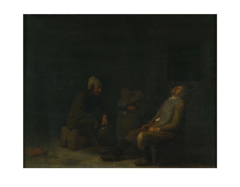 Three drunken peasants in a tavern or inn