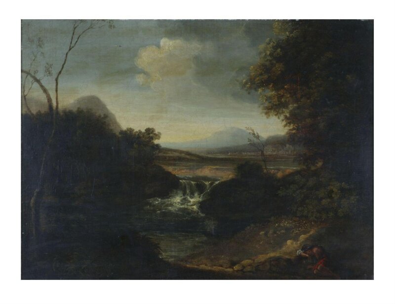 Landscape with waterfall and recumbent figure
