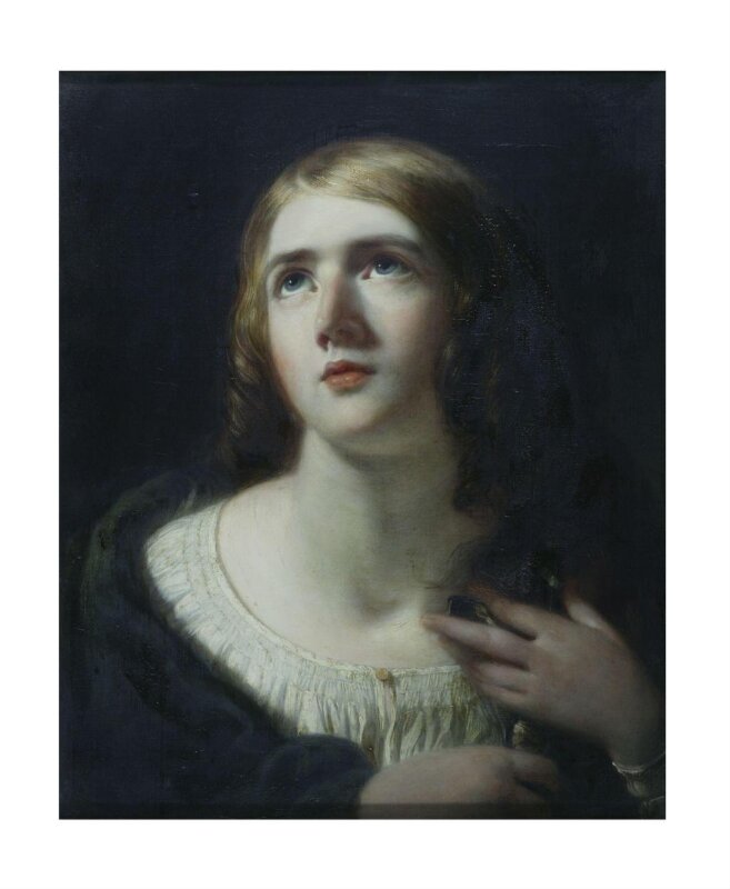 A Woman clasping a crucifix to her breast
