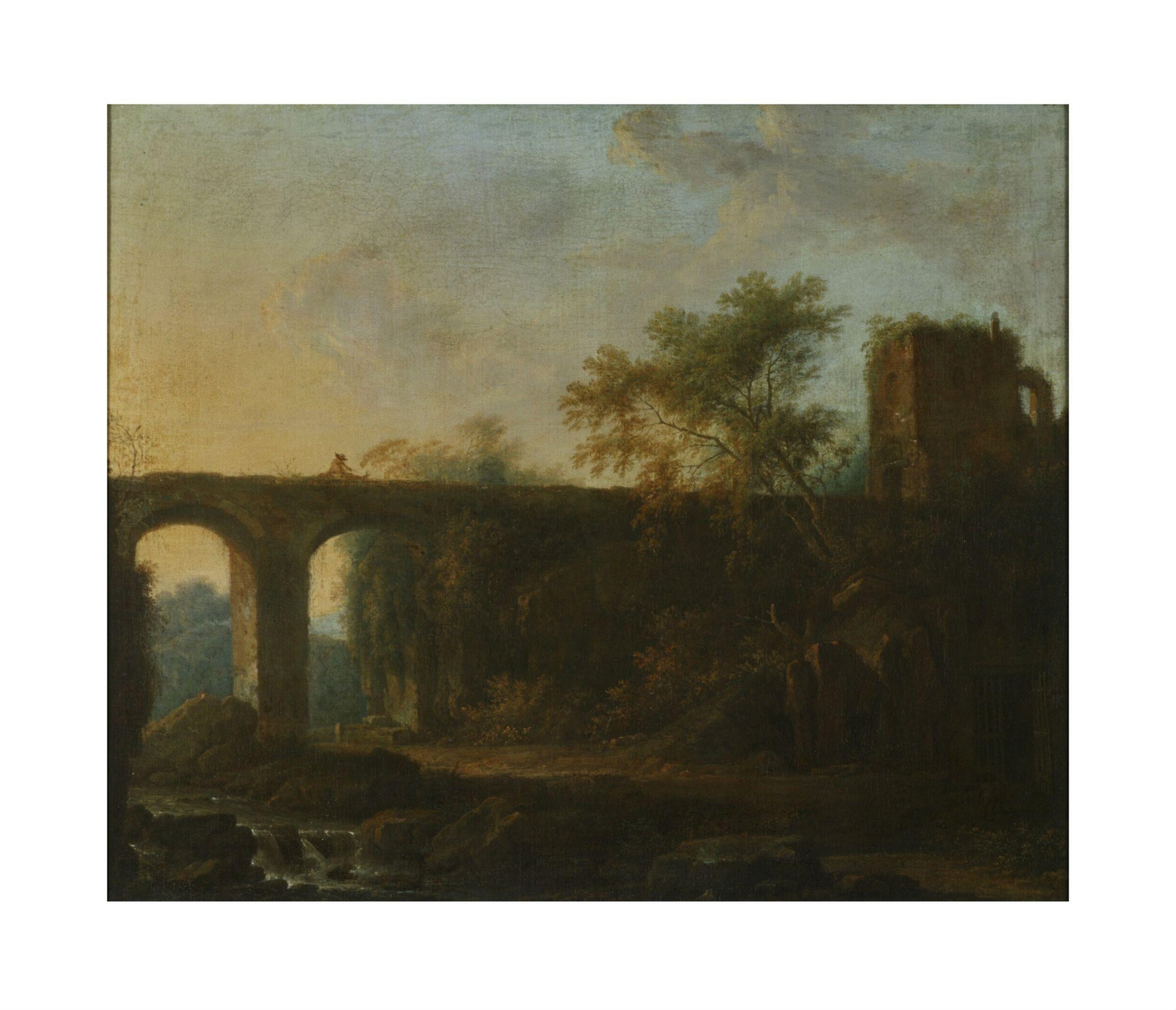 Landscape with bridge and tower, Willem van Bemmel, early 18th century