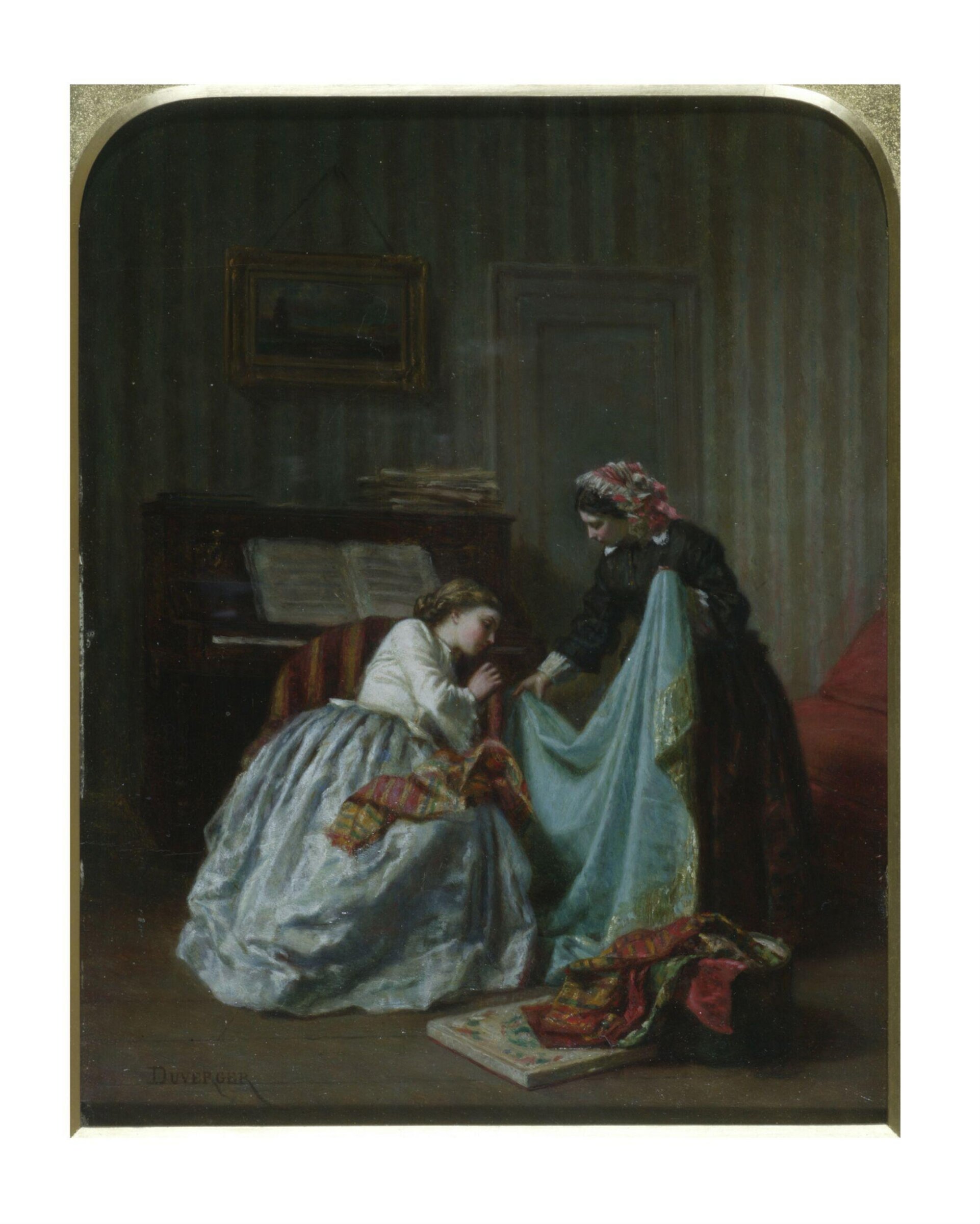 Interior with two women examining cloth, Théophile Emmanuel Duverger, 3rd quarter of the 19th century