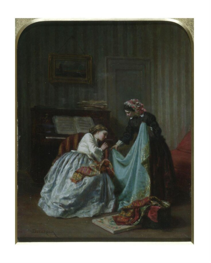 Interior with two women examining cloth top image