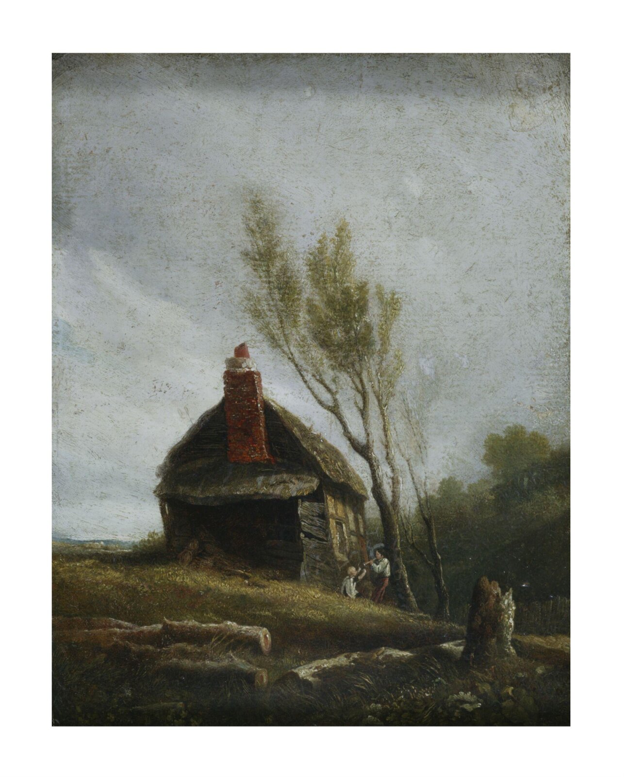Landscape: a cottage with trees and two children, William Mulready, mid 19th century