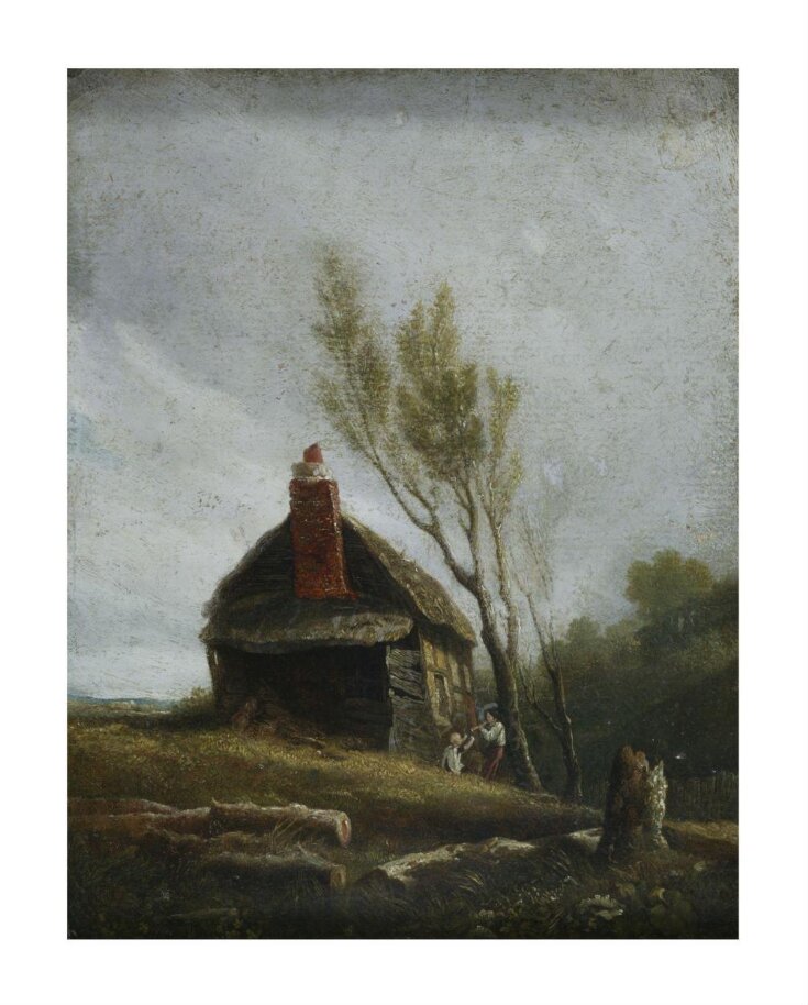 Landscape: a cottage with trees and two children top image