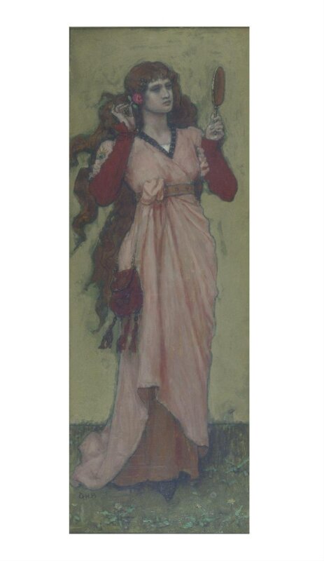 A woman holding a mirror and a rose