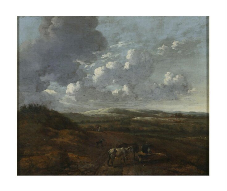 Landscape with cattle and herdsmen seated on a log top image