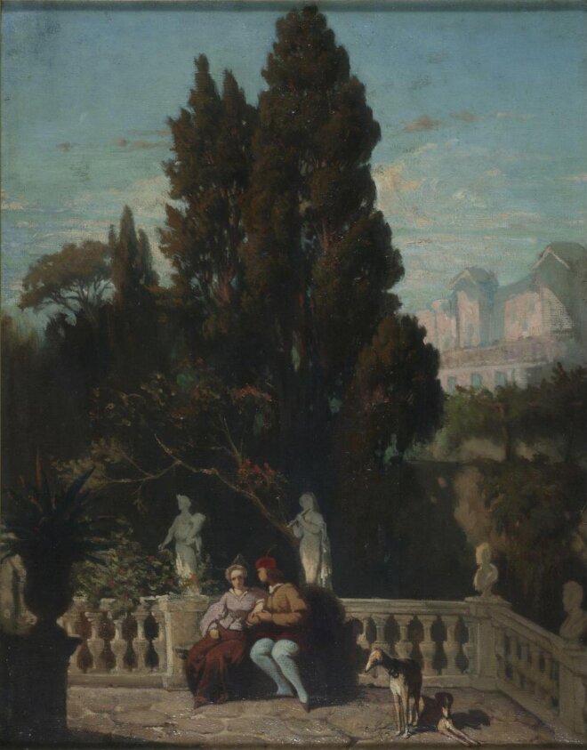 Two Lovers in Renaissance Costume on the Terrace in the Garden of the Villa d'Este, Tivoli