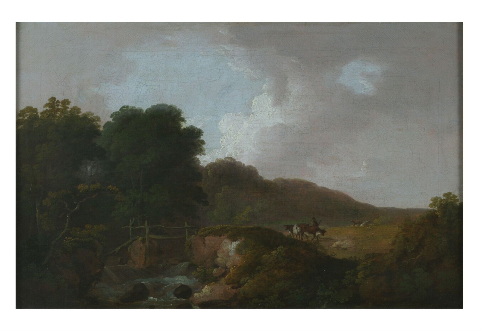 Landscape with rustic bridge and stream, attributed to Julius Caesar Ibbetson, mid 18th century-early 19th century