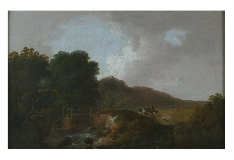 Landscape with rustic bridge and stream
