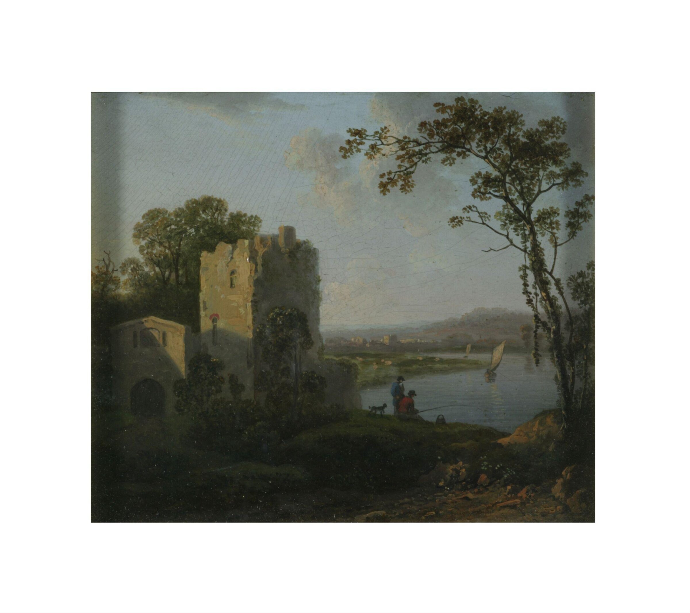 Landscape: Tower on the Bank of a River with Two Men Fishing, James Arthur O'Connor, 1810-1840