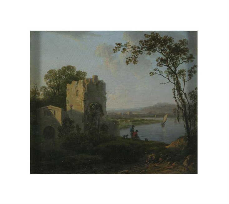 Landscape: Tower on the Bank of a River with Two Men Fishing top image