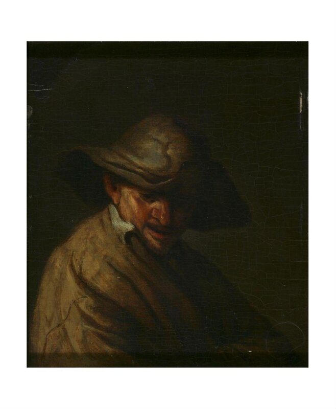 Bust of a man with a goatee and wearing a hat