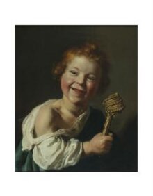 A laughing child holding a wicker rattle thumbnail 1