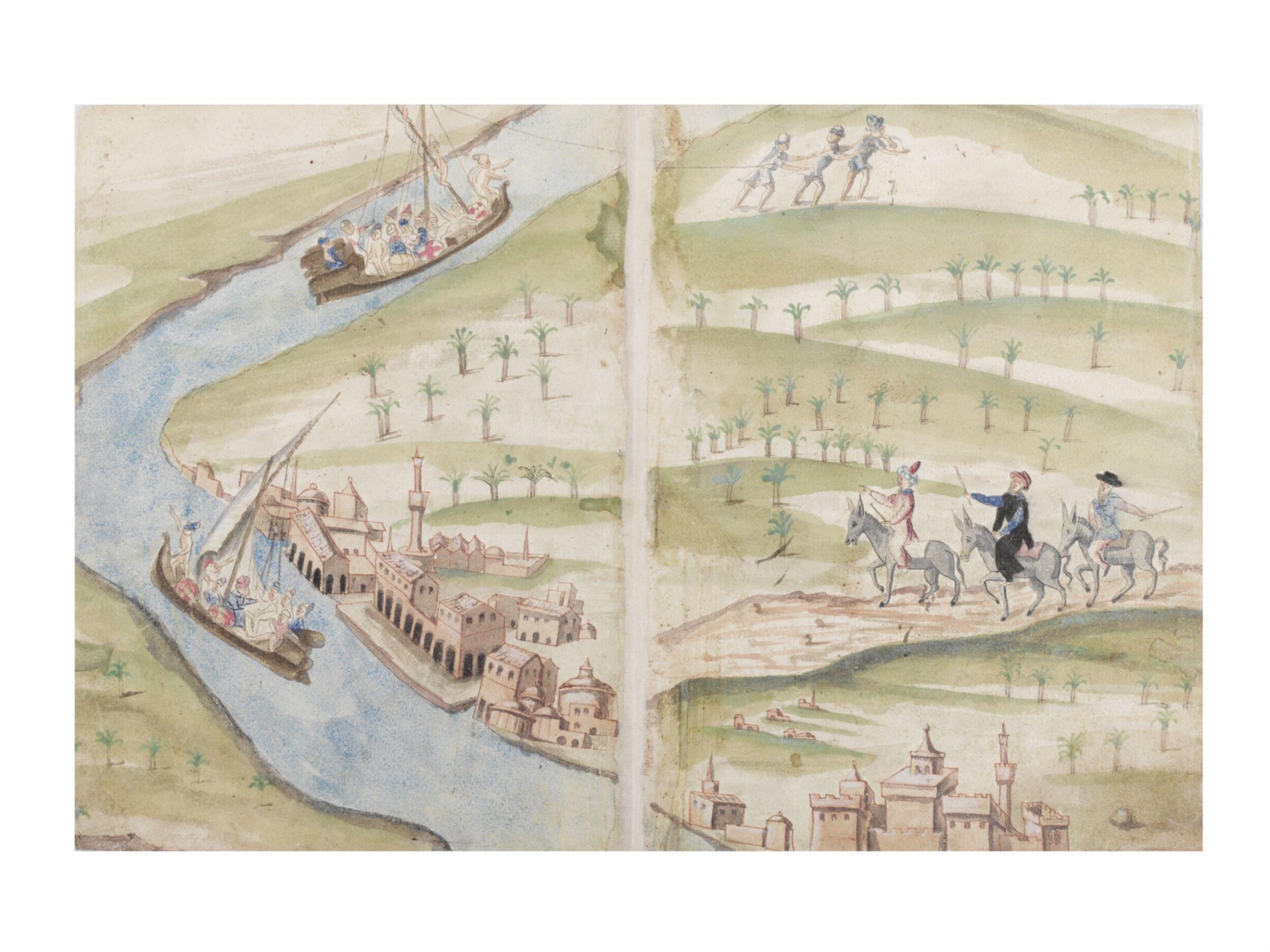 Three figures, a dragoman, perhaps a European envoy, and an attendant, on mules or donkeys, approaching a town on the Nile, possibly Rosetta, ca. 1510-1520