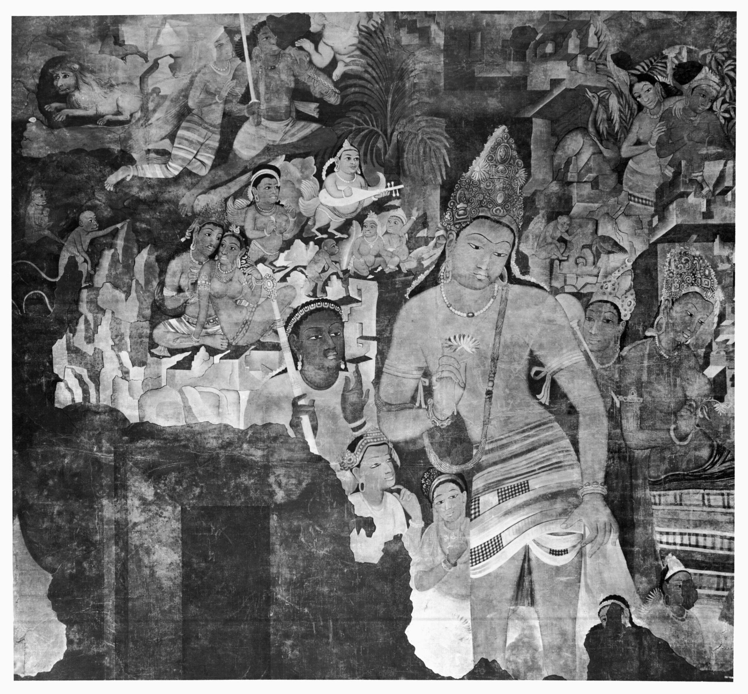 Copy of painting inside the caves of Ajanta (cave 1), Robert Gill, 1856