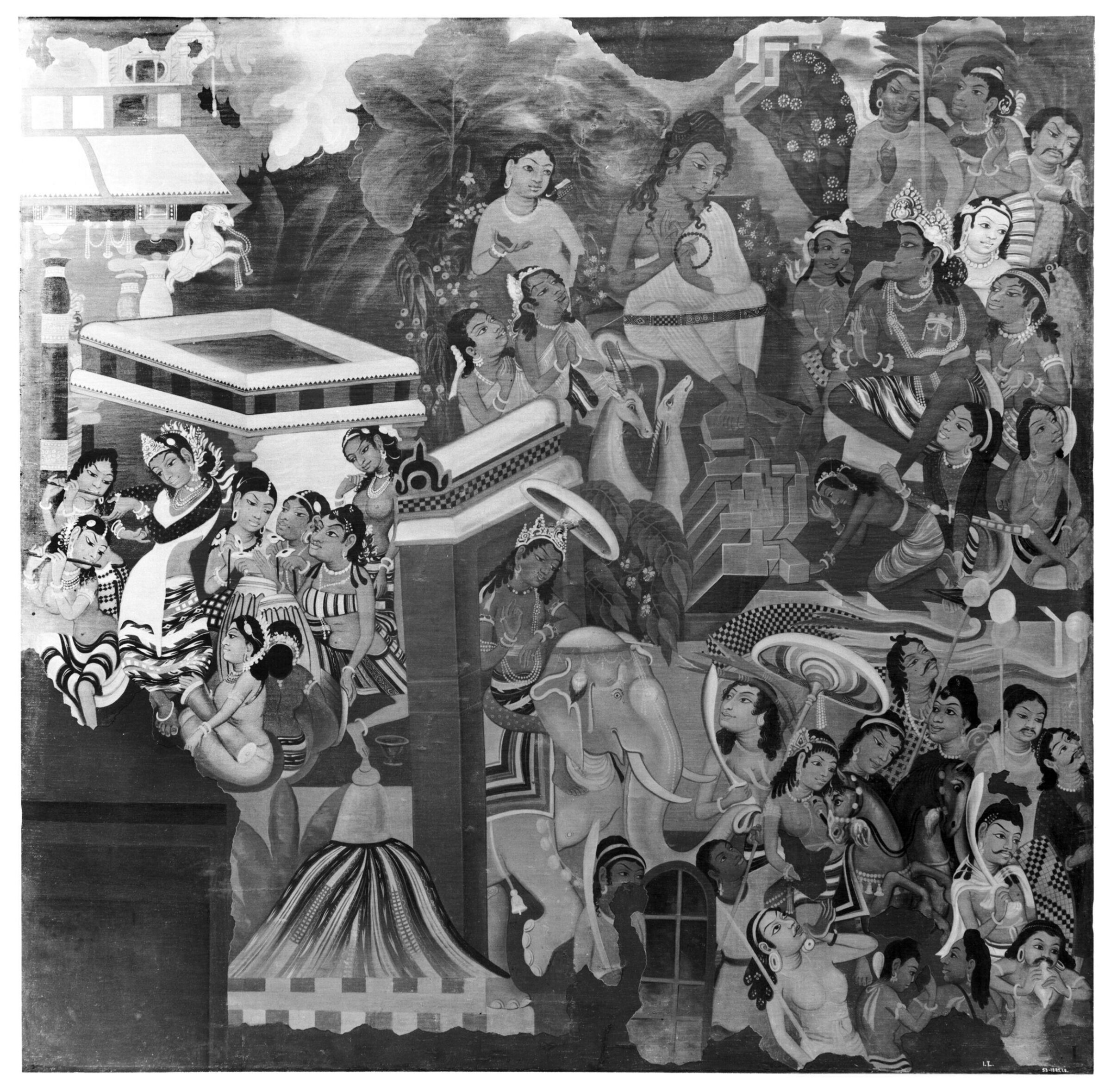 Copy of painting inside the caves of Ajanta (cave 1), Robert Gill, 1856