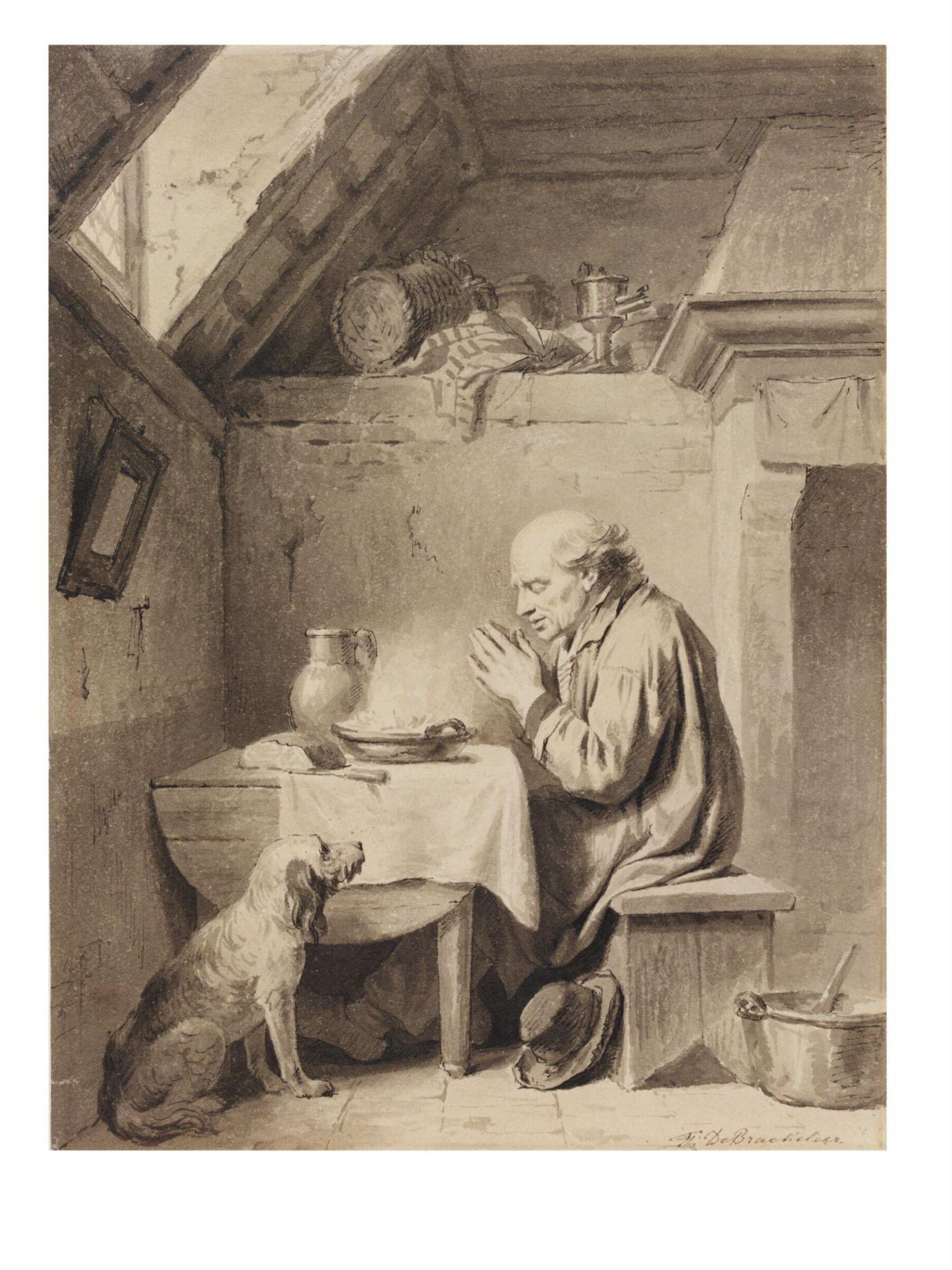 An Old Man, Watched by his Dog, Saying Grace at a Table in a Cottage, Ferdinand the elder de Braekeleer, 19th century