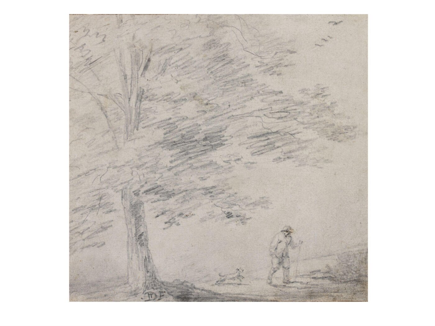David Teniers the younger, Landscape with a Tree Beside a Road with a Man Walking with his Dog