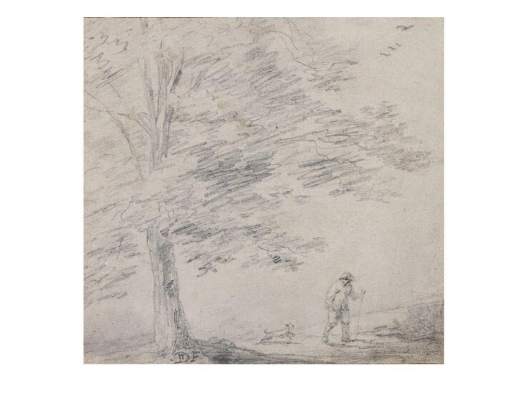 Landscape with a Tree Beside a Road with a Man Walking with his Dog top image