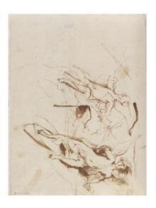 Recto: Study of the Left Arm of a Man Holding a Book and Wearing a Cloak, Verso: Two Studies for Amor as Conqueror thumbnail 1